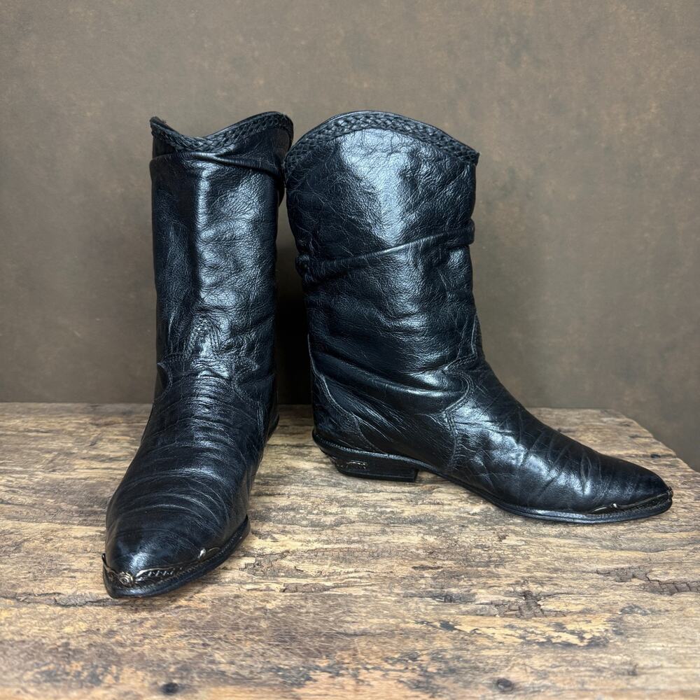 Vintage Zodiac Black Leather Slouch Boots Women’s 6 Made in USA